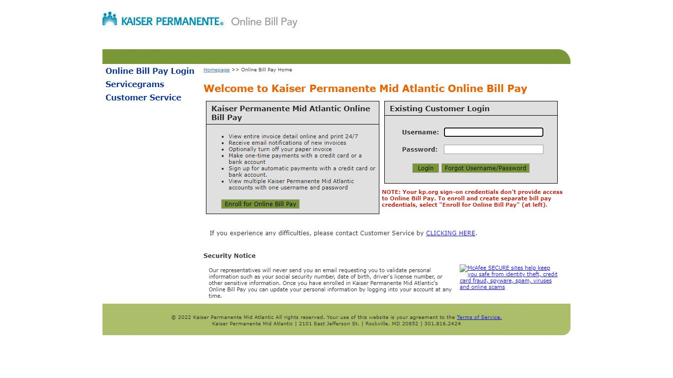 Kaiser Permanente Mid Atlantic - Online Bill Pay